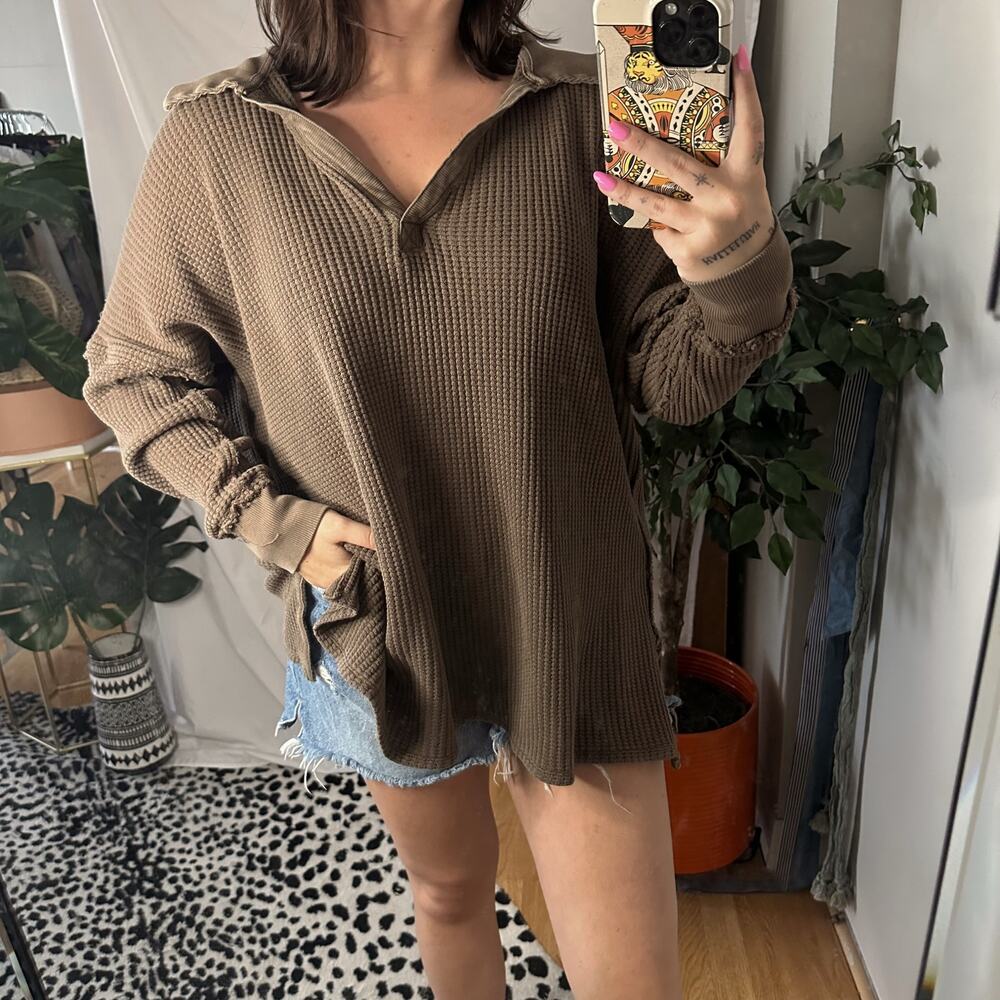 Free People Travis Oversized Green Waffle Knit Thermal Polo Military Olive